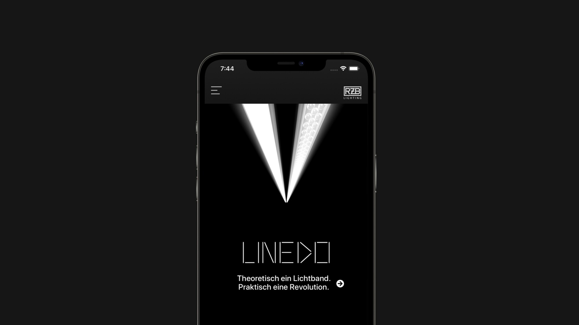 Smartphone-Display mit LINEO Lichtband-App, die revolutionäre LED-Beleuchtung praktisch und theoretisch vorstellt.