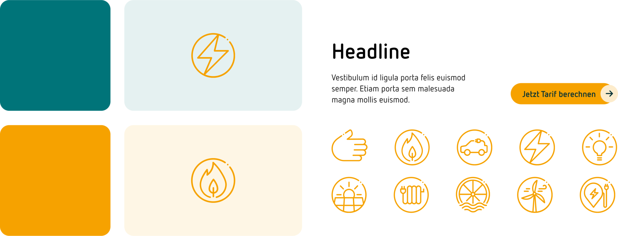 Vier bunte Quadrate und orange Energie-Icons neben Text und Call-to-Action Button „Jetzt Tarif berechnen“ für Energietarifvergleich.