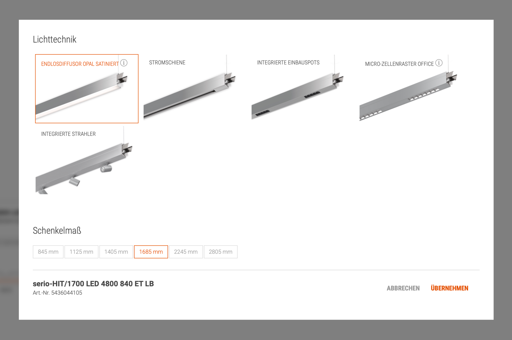 Auswahl verschiedener moderner LED-Lichttechnik-Optionen mit Schenkelmaß und Produktdetails für Bürobeleuchtung.