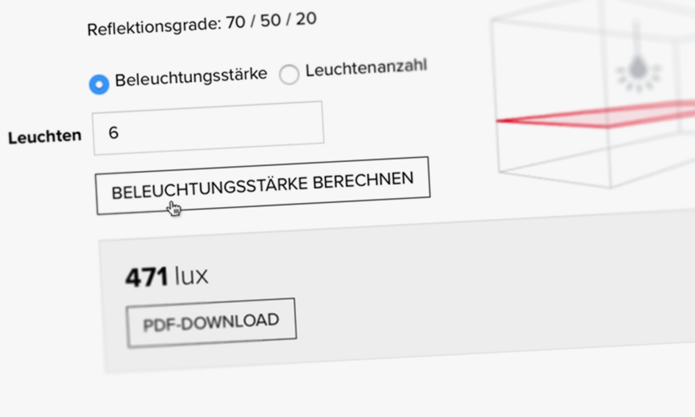 Eine schnelle Online-Lichtberechnung mit Relux-Tools gibt Kunden nach Eingabe der Raumparameter Auskunft zu den passenden Leuchten für die geforderte Lichtsituation