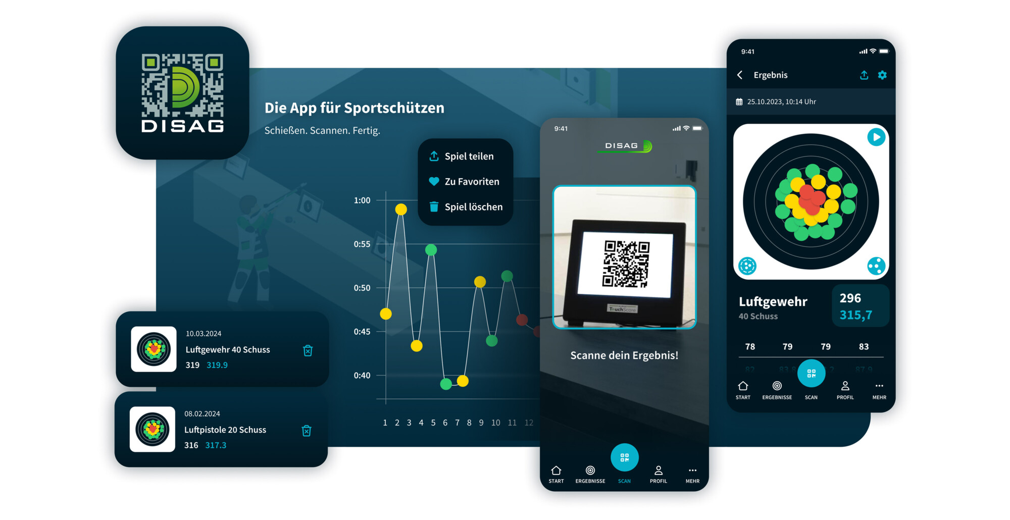 DISAG App für Sportschützen mit QR-Code-Scan, Schießergebnissen und detaillierter Trefferanzeige in der Luftgewehrwertung.