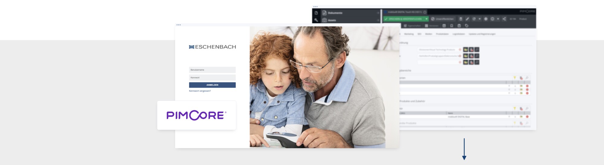 Mann und Kind nutzen gemeinsam ein digitales Gerät vor Pimcore- und Beschlauncher-Softwareoberflächen, medienreaktor.