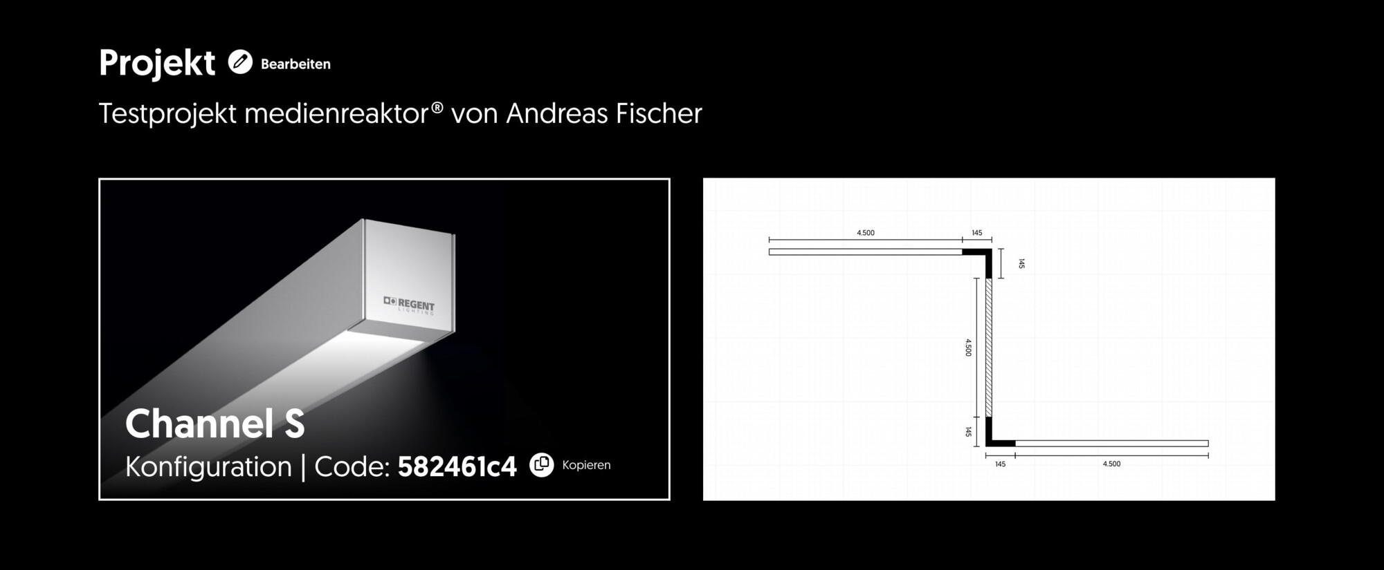 Projektübersicht mit Channel S Konfiguration, Code 582461c4 und technischem L-Profil Design-Schema für medienreaktor-Testprojekt.