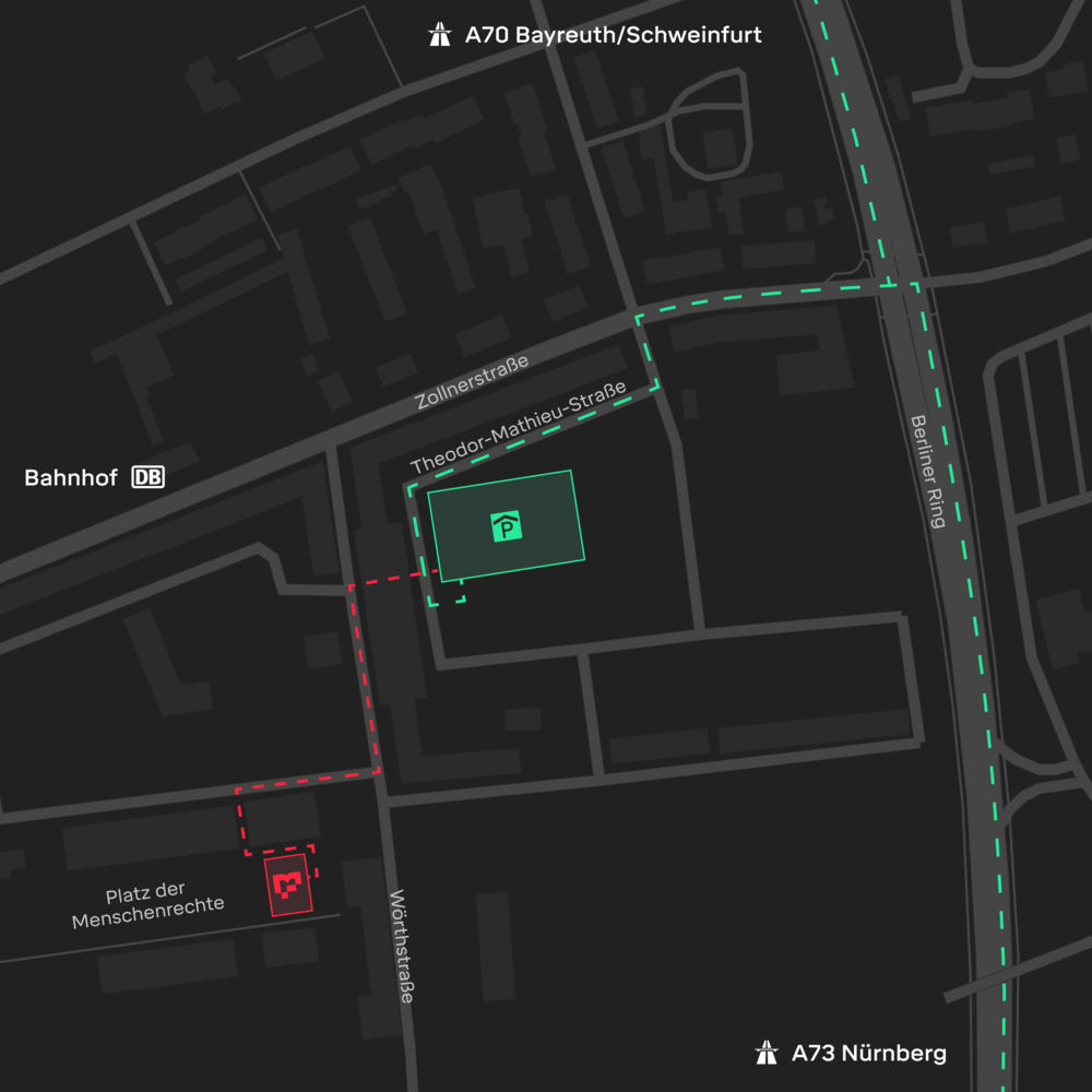 Karte mit Parkhaus und Bahnhof in der Nähe von Theodor-Mathieu-Straße, Zollnerstraße, Berliner Ring und Platz der Menschenrechte in Bamberg.