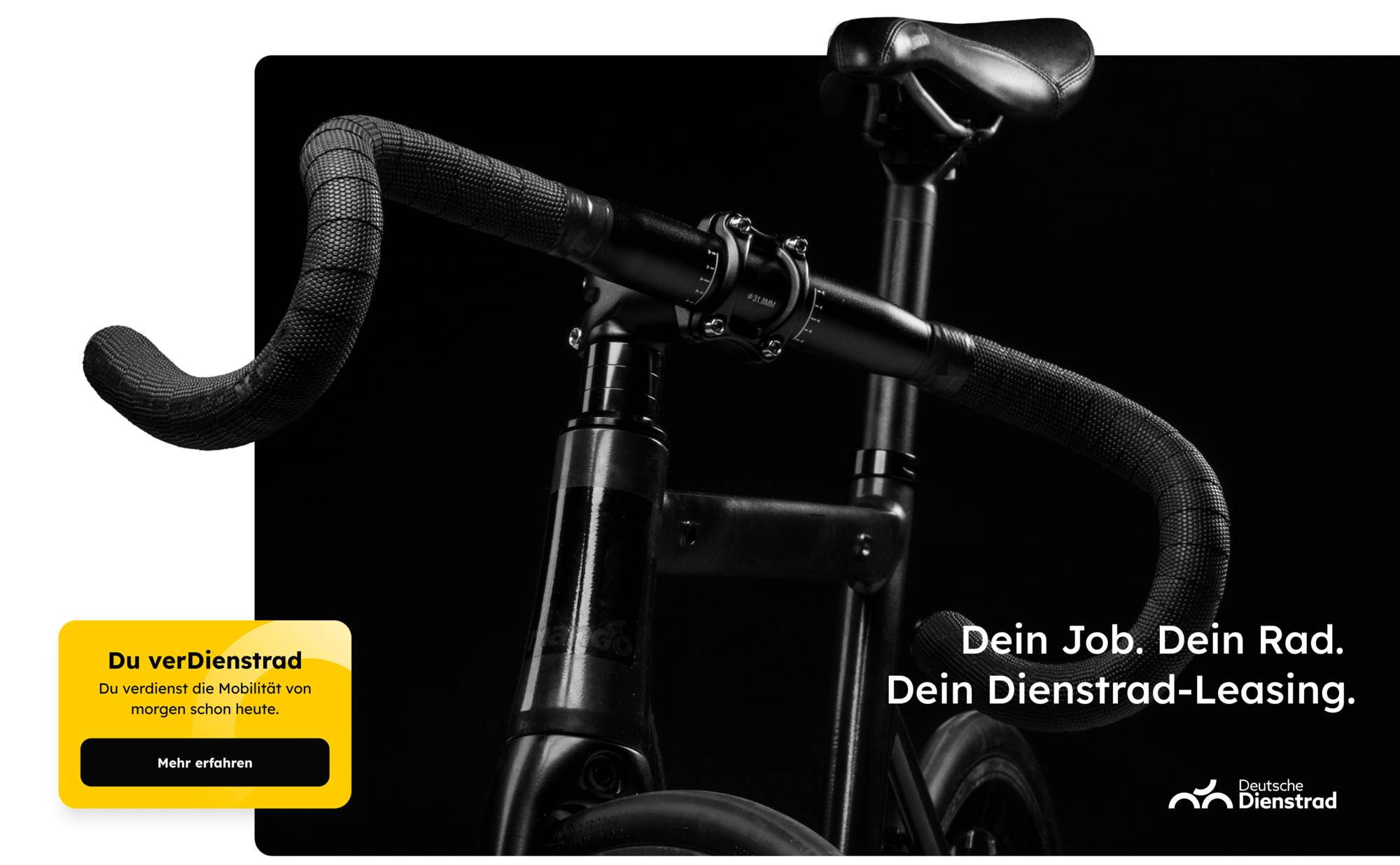 schwarzes Rennrad vor schwarzem Hintergrund mit Text zu Dienstrad-Leasing für Job und Mobilität, gelbes Infofeld