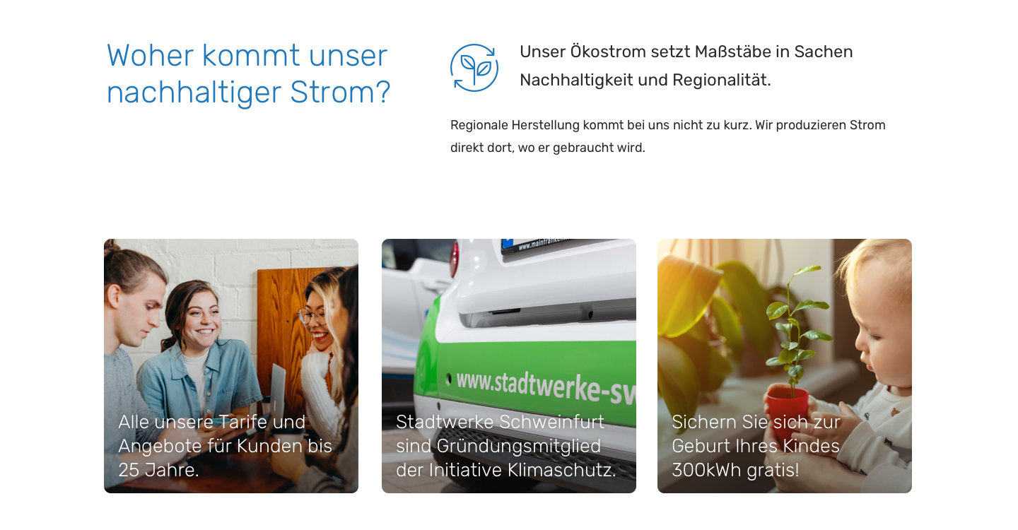Nachhaltiger Strom aus regionaler Produktion mit Fokus auf Ökostrom, Klimaschutz und Gratis-Strom für Neugeborene.