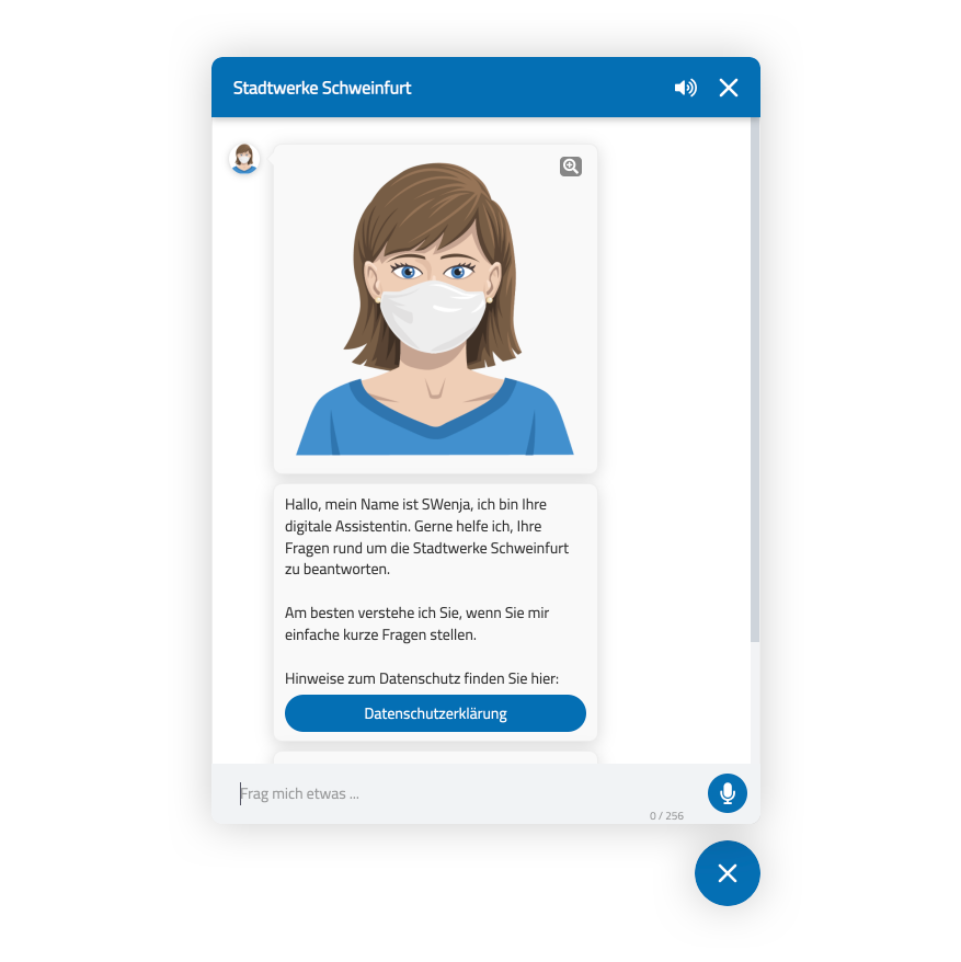 Digitale Assistentin SWenja der Stadtwerke Schweinfurt mit Maske bietet Hilfestellung und Datenschutzinformationen im Chat.