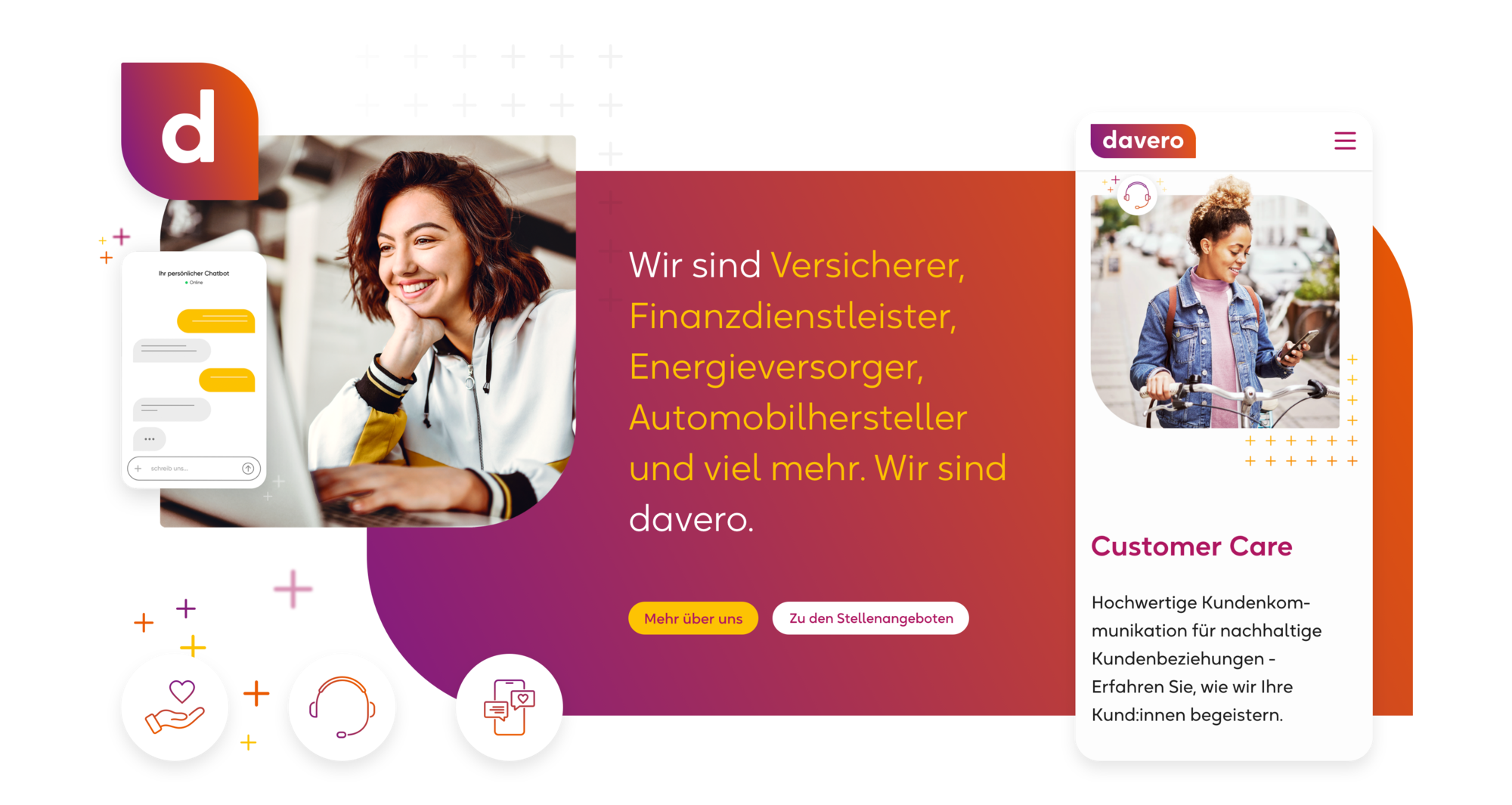 Lächelnde Frau am Laptop symbolisiert Kundenzufriedenheit; Text hebt Branchen wie Versicherungen, Energie und Automobil hervor.