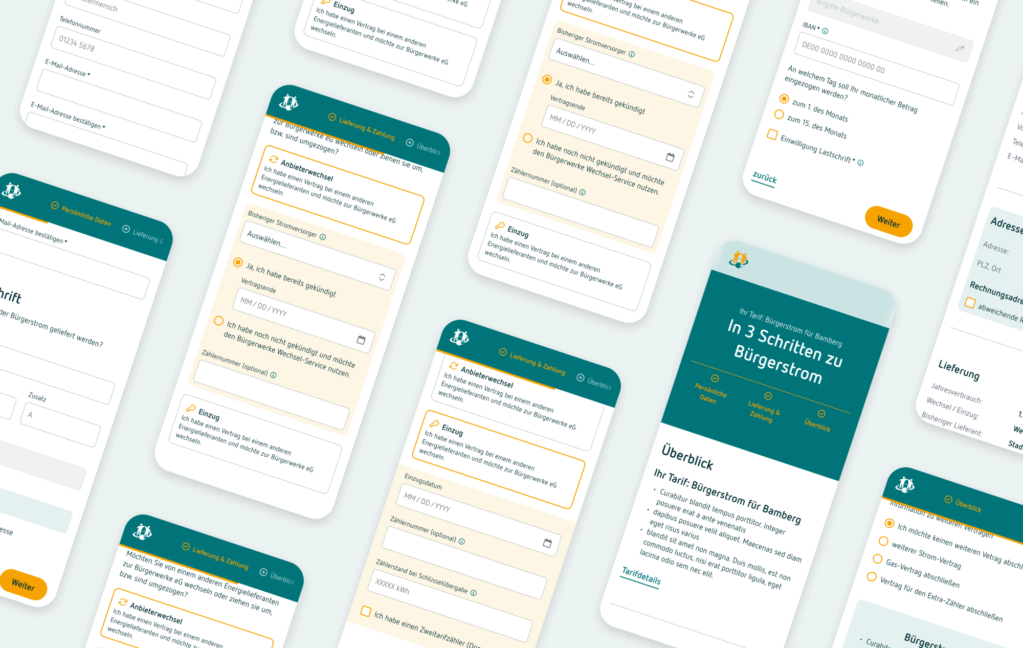 Mehrere Smartphone-Displays zeigen ein nutzerfreundliches Online-Formular zur einfachen Anmeldung für Bürgerstrom in drei Schritten.