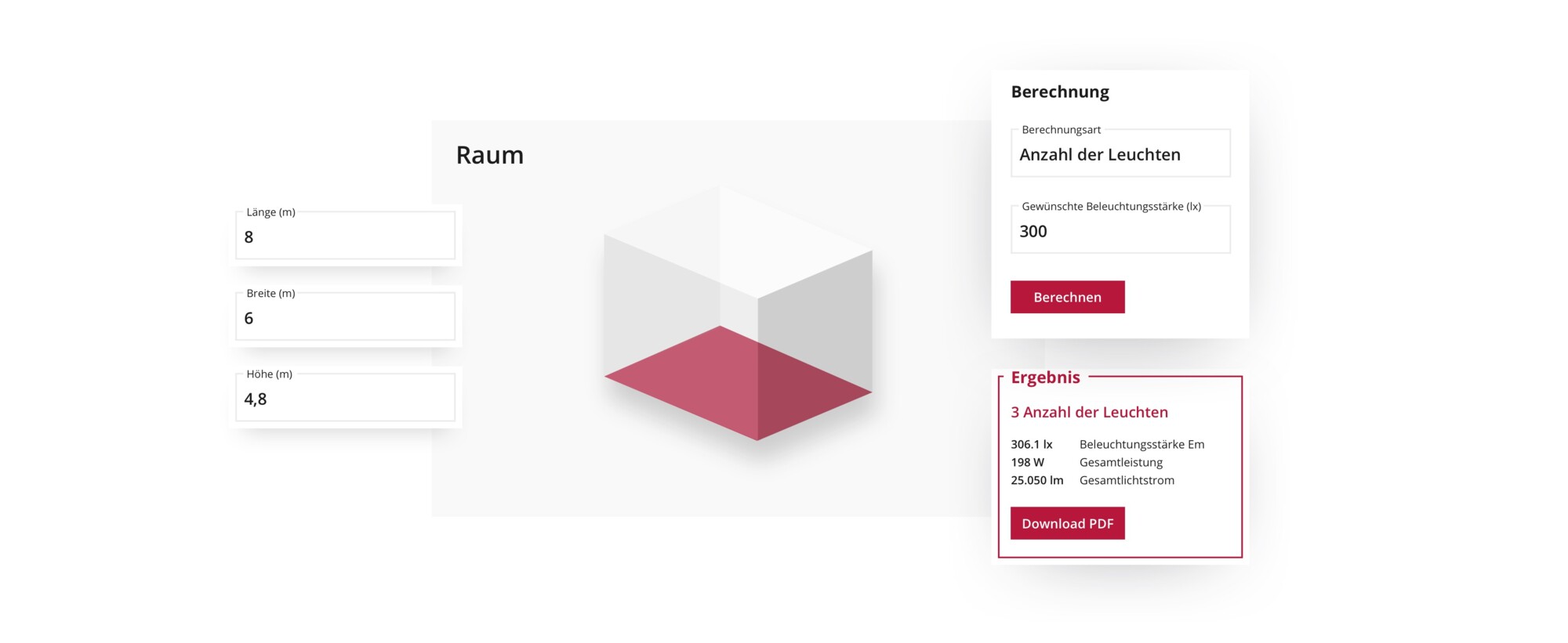 3D-Visualisierung eines Raums mit Eingabefeldern zur Raumgröße und Beleuchtungsberechnung mit Ergebnisanzeige und PDF-Download.