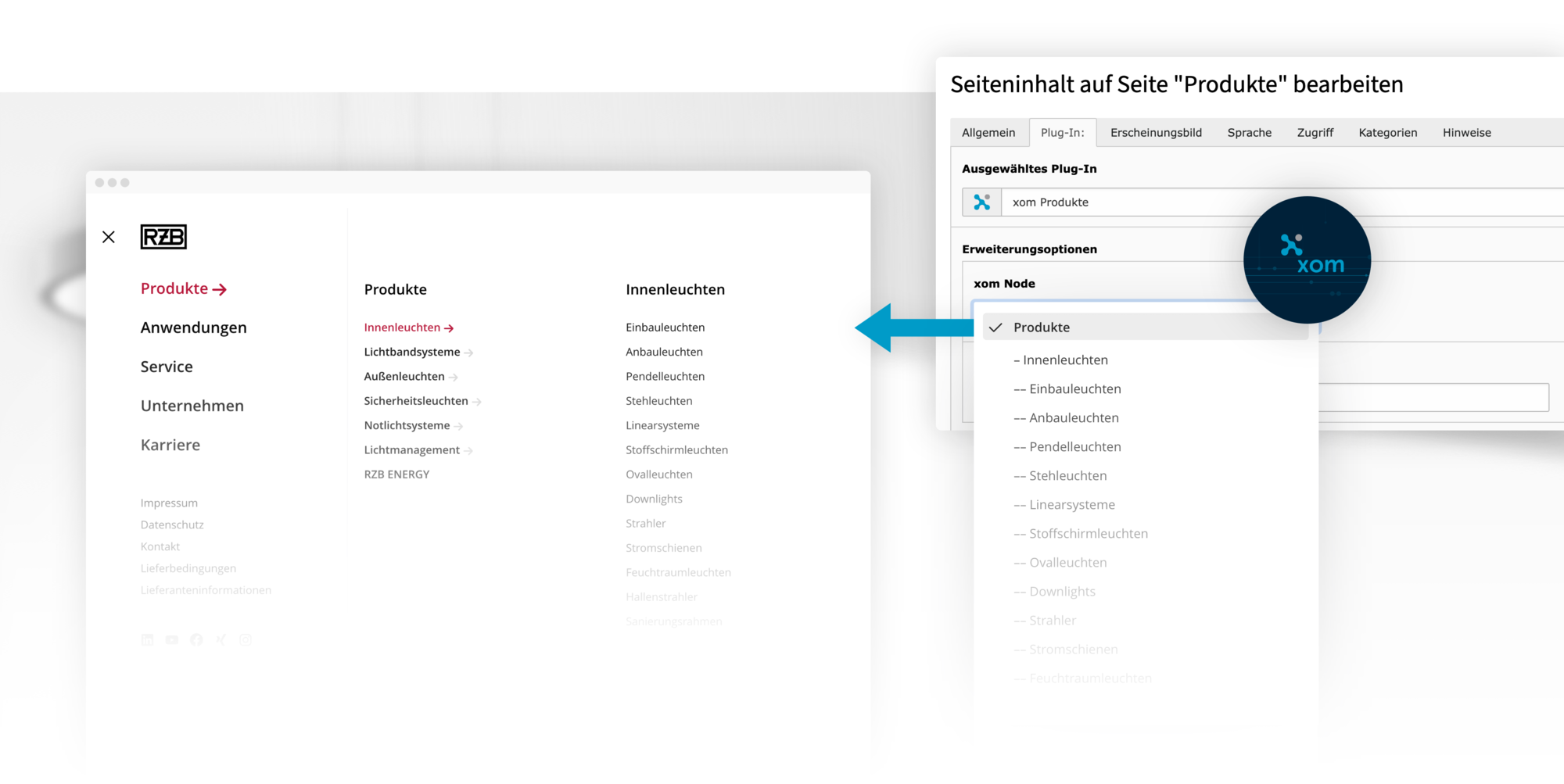 Navigationsmenü mit Produktkategorien und Seitenverwaltung in CMS XOM für effiziente Webseitenpflege und Strukturierung.