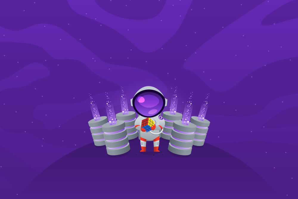 Astronaut hält Rubik's Cube auf einem violetten Planeten, umgeben von leuchtenden Datenbanken, Symbol für IT-Sicherheit.
