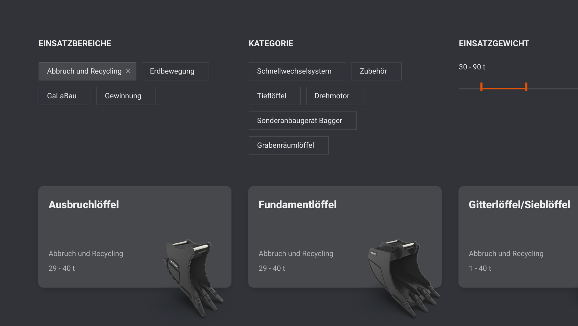 Übersicht von Baggerlöffeln für Abbruch, Recycling und Erdbewegung mit Einsatzgewicht bis 90 Tonnen bei medienreaktor.