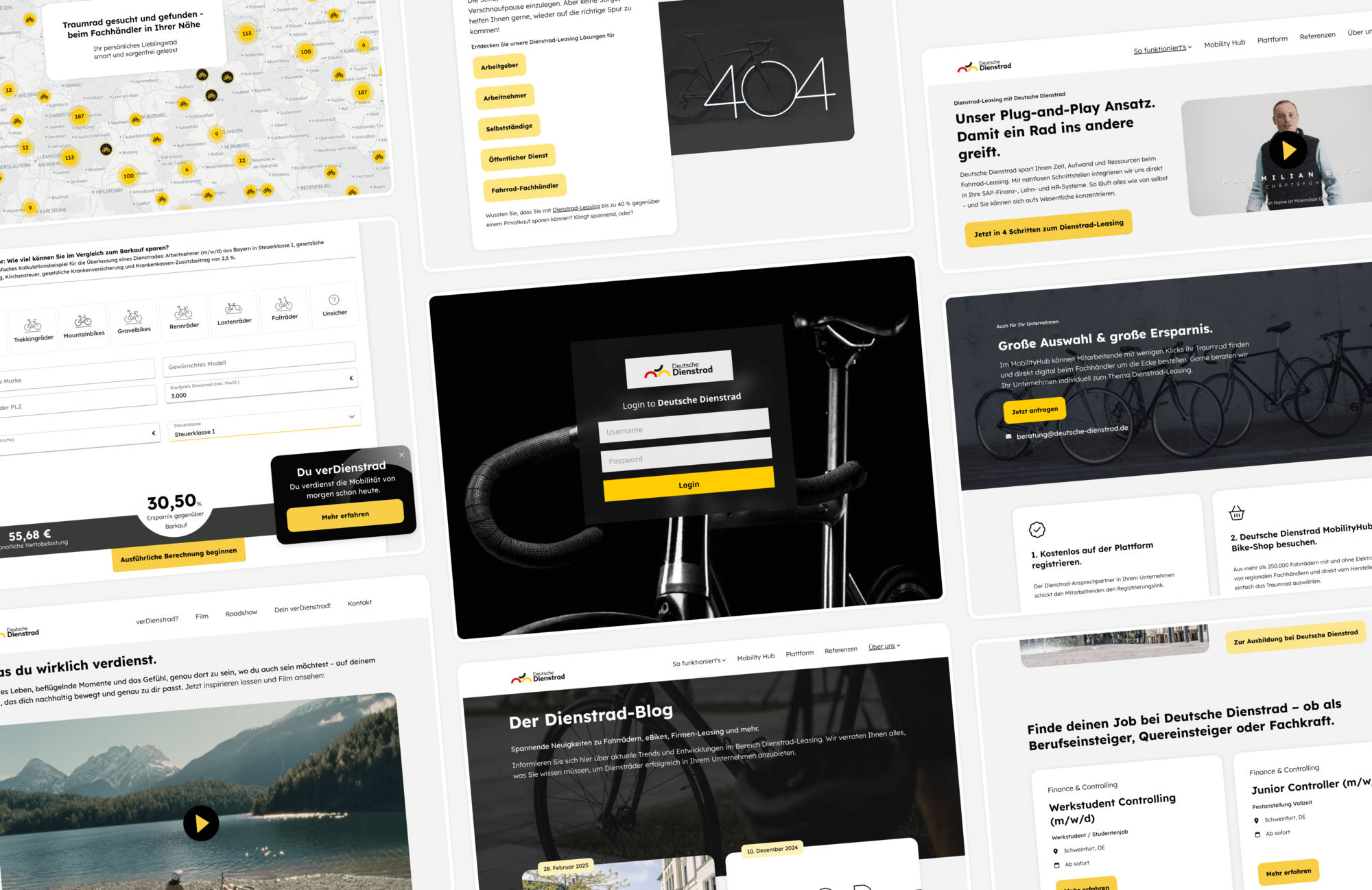 Webseite mit Fahrrädern, Login-Bereich, Stellenangeboten und Blog für Deutsche Dienstrad, Fokus auf Mobilität und E-Bike Angebote.