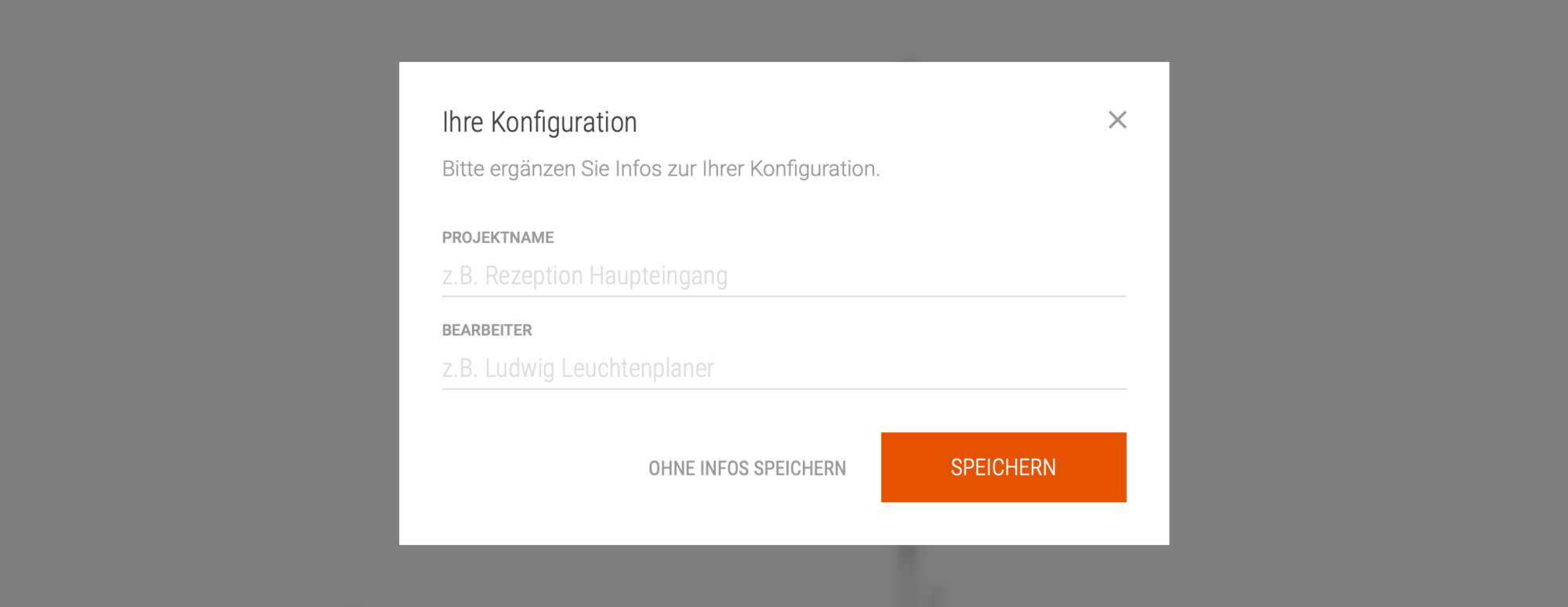 Formular zur Eingabe von Projektnamen und Bearbeiter mit Buttons zum Speichern oder ohne Speichern.