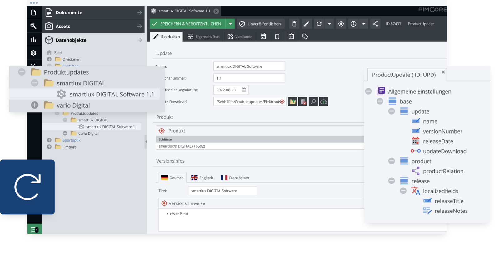 In Pimcore können Datentypen <strong>völlig frei modelliert werden.</strong> So werden neben Produkdaten auch Downloads und zugehörige Produktupdates verwaltet.