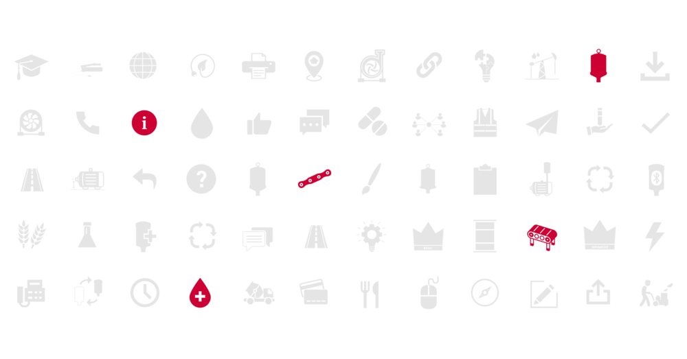 Weiße Symbolübersicht mit einzelnen roten Icons wie Infokreis, Blutstropfen und Spielkarten als Auswahl für Medienreaktor-Webdesign.