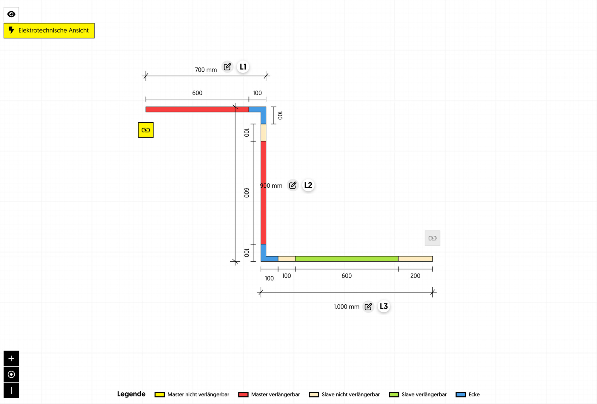 Elektrotechnische Zeichnung mit farbcodierten Leitungen L1, L2 und L3 sowie Maßeinheiten in Millimetern und Legende zu Verlängerbarkeit.