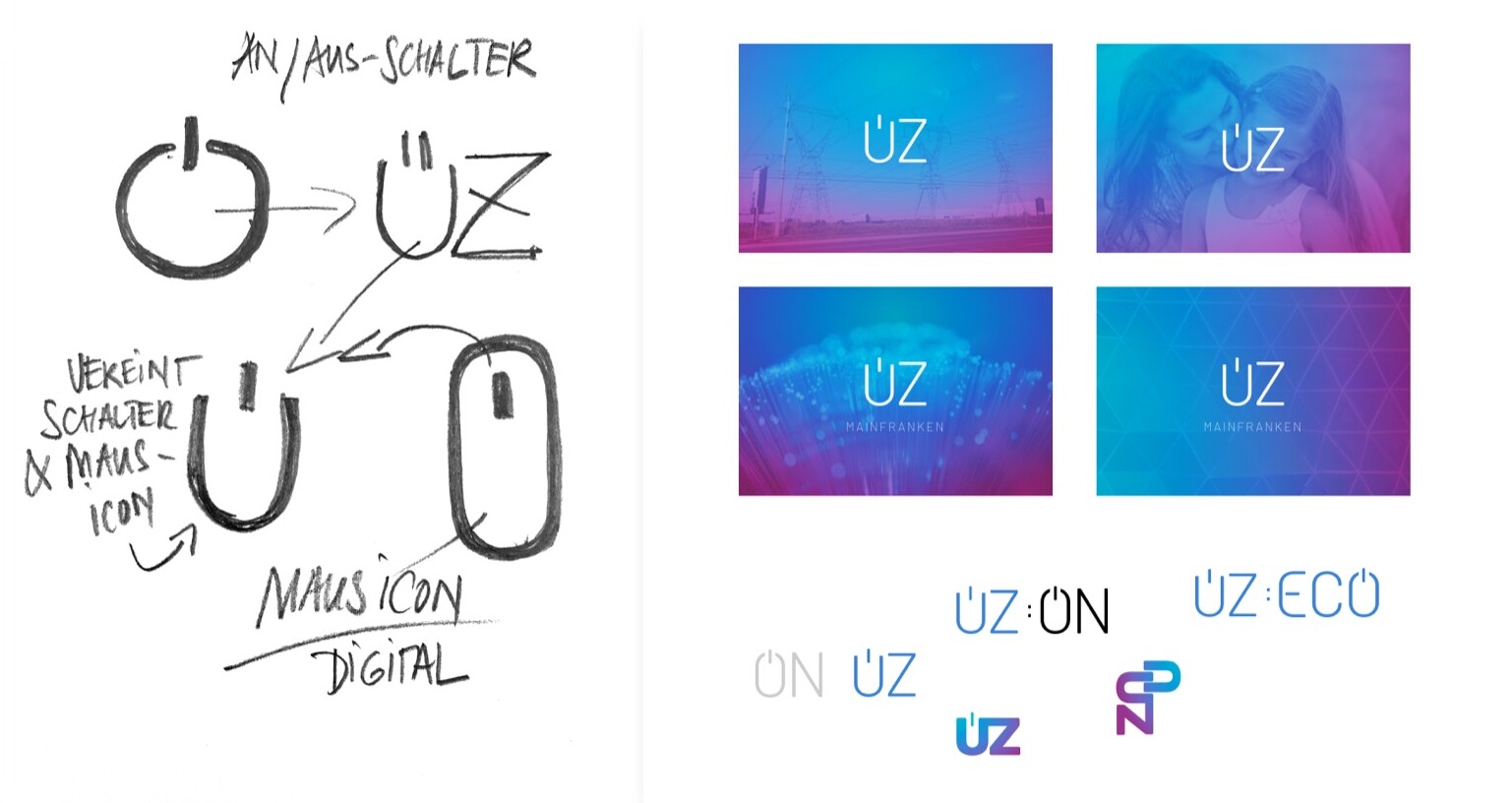 Skizzen und Entwürfe für ein Markenlogo mit integriertem Ein-/Ausschalter und Maus-Symbol, digital und farbig.