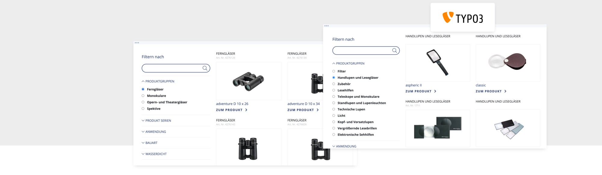 TYPO3 Produktübersicht mit Ferngläsern, Lupen und Zubehör, Filteroptionen für einfache Produktsuche in Onlineshop