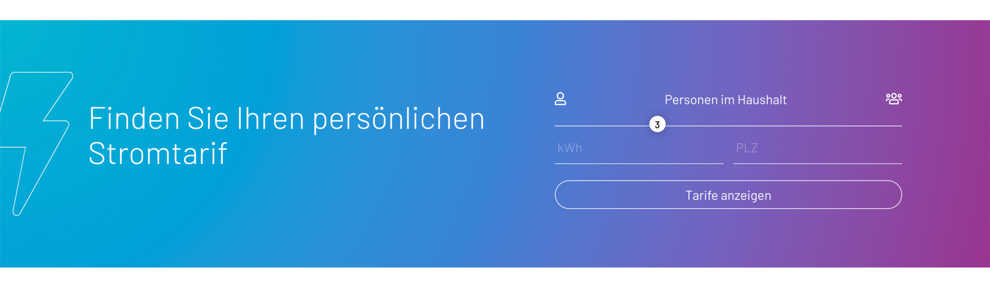 Personalisierte Stromtarif-Suche mit Eingabe von Personenanzahl und PLZ, modernes Farbverlauf-Design blau zu lila