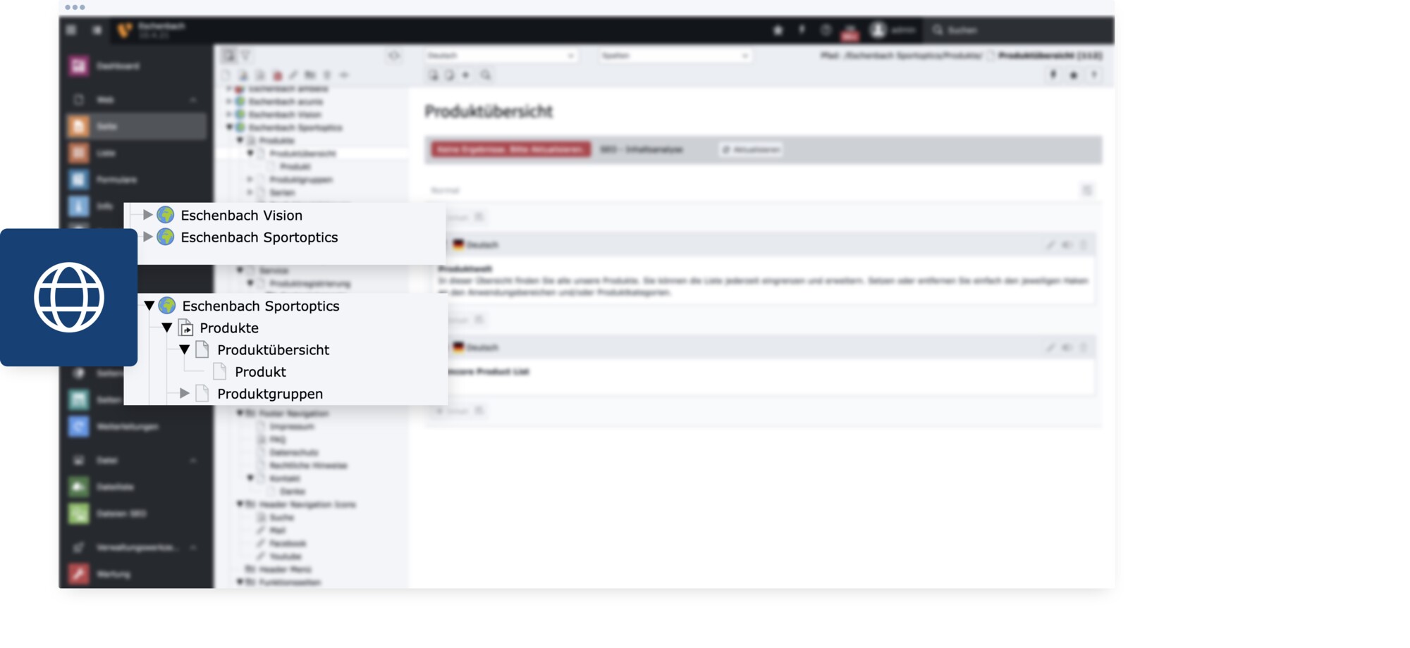 Produktübersicht und Navigationsmenü in deutscher Software für Eschenbach Sportoptics Produkteverwaltung.