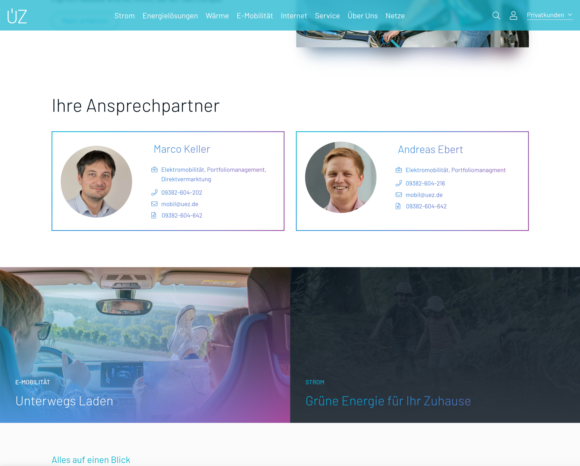 Kontaktseite mit Ansprechpartnern Marco Keller und Andreas Ebert für Elektromobilität und Portfoliomanagement bei medienreaktor