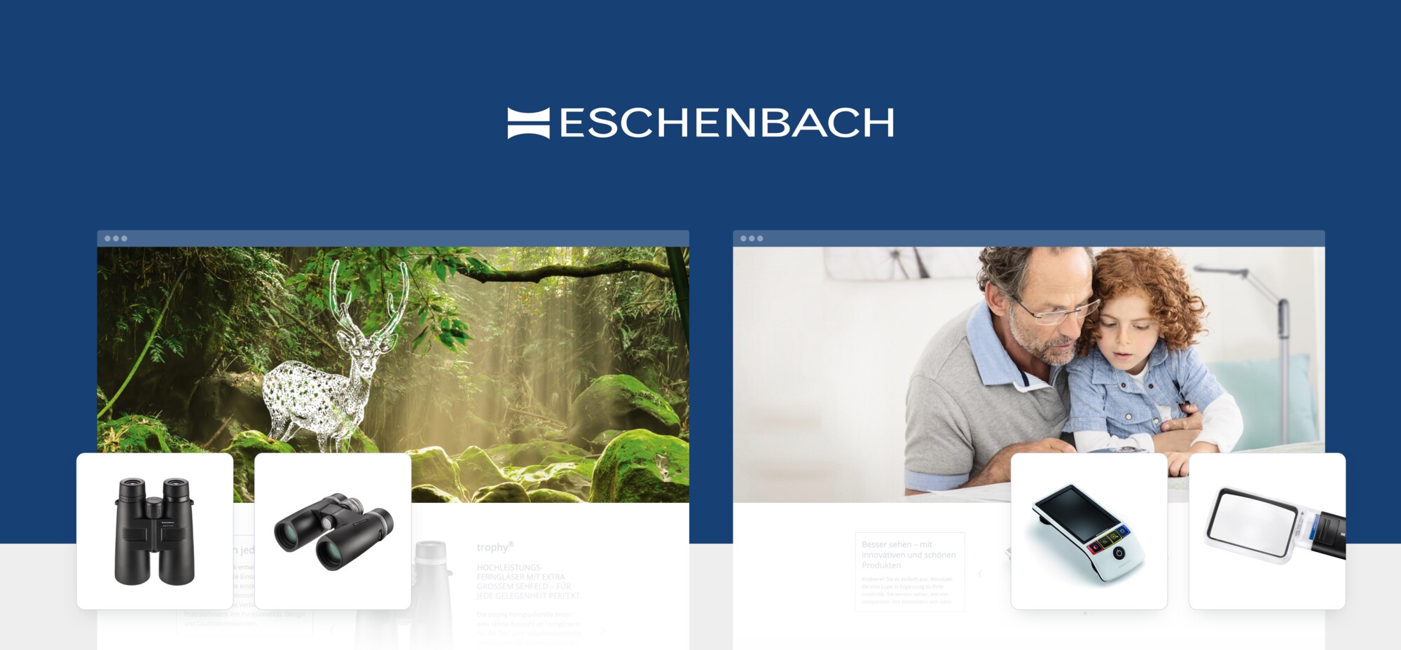Website-Header mit blauem Hintergrund und Eschenbach-Logo, Darstellung von Ferngläsern und Lupen als Produktfokus.