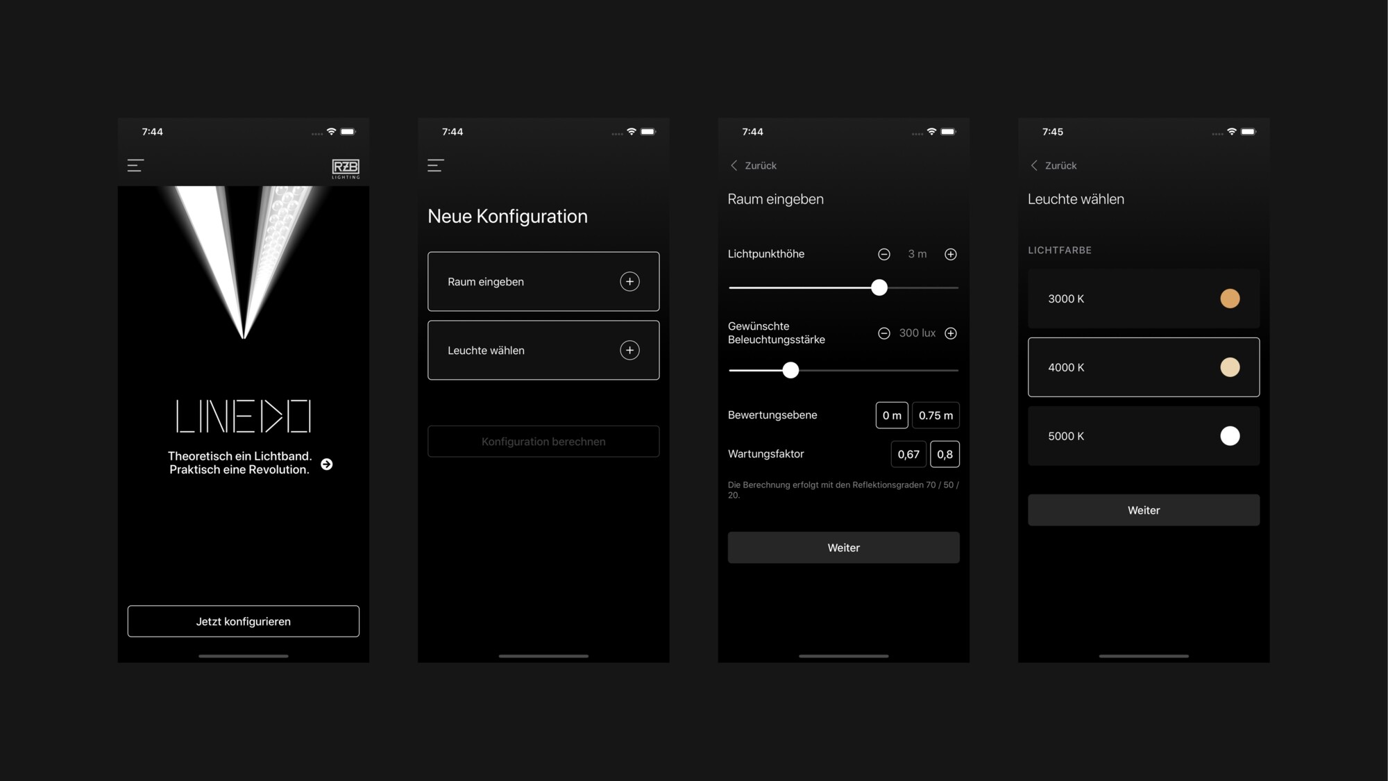 Smartphone-App zur Lichtkonfiguration mit Einstellung von Raum, Leuchtfarbe und Beleuchtungsstärke in dunklem Design.