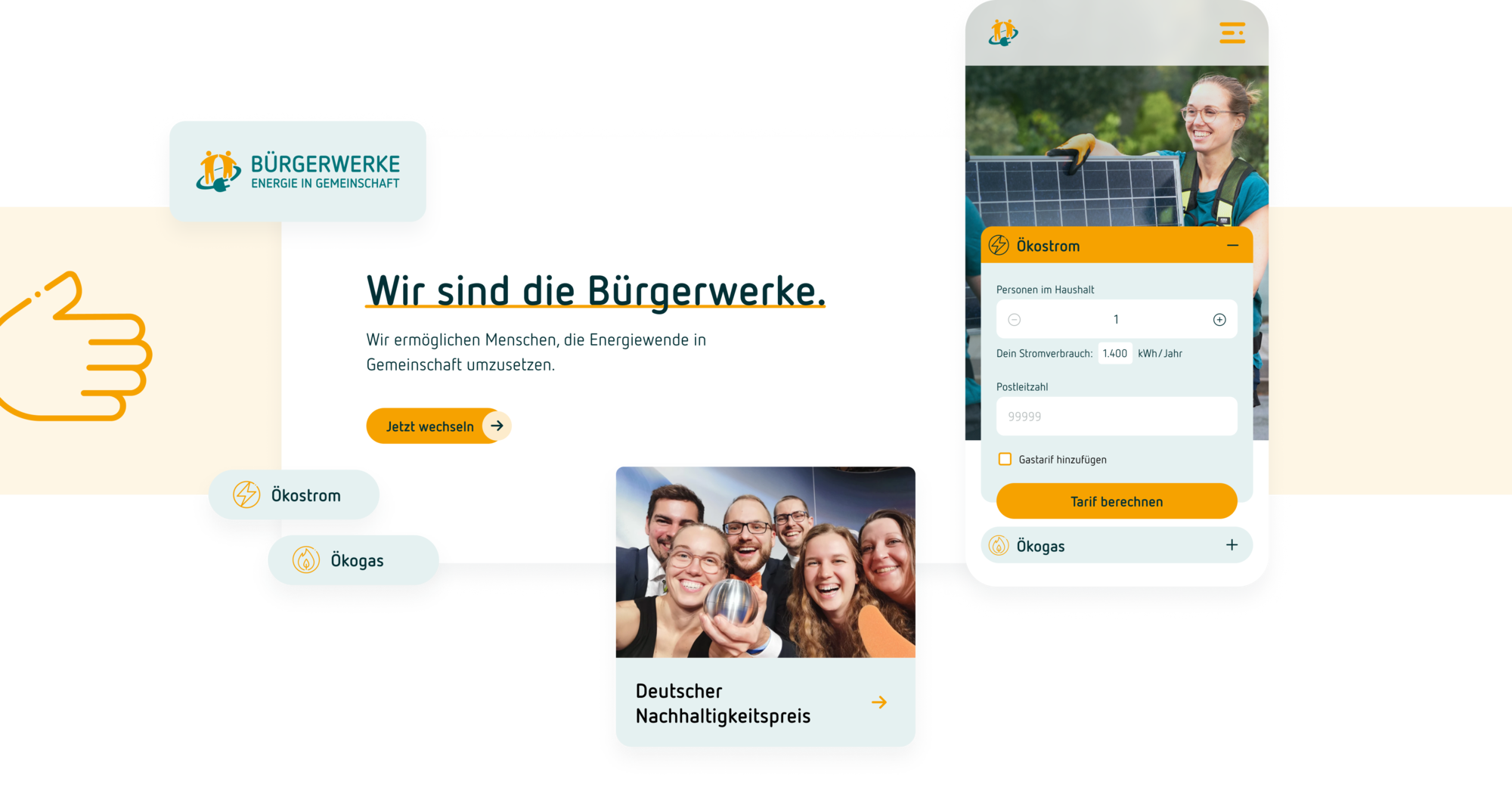 Webseite Bürgerwerke mit Fokus auf nachhaltige Energie, Ökostrom- und Ökogastarife, Gemeinschaft und Umweltschutz.