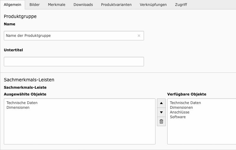 Zugewiesene Sachmerkmalsleisten an der Produktgruppe in TYPO3