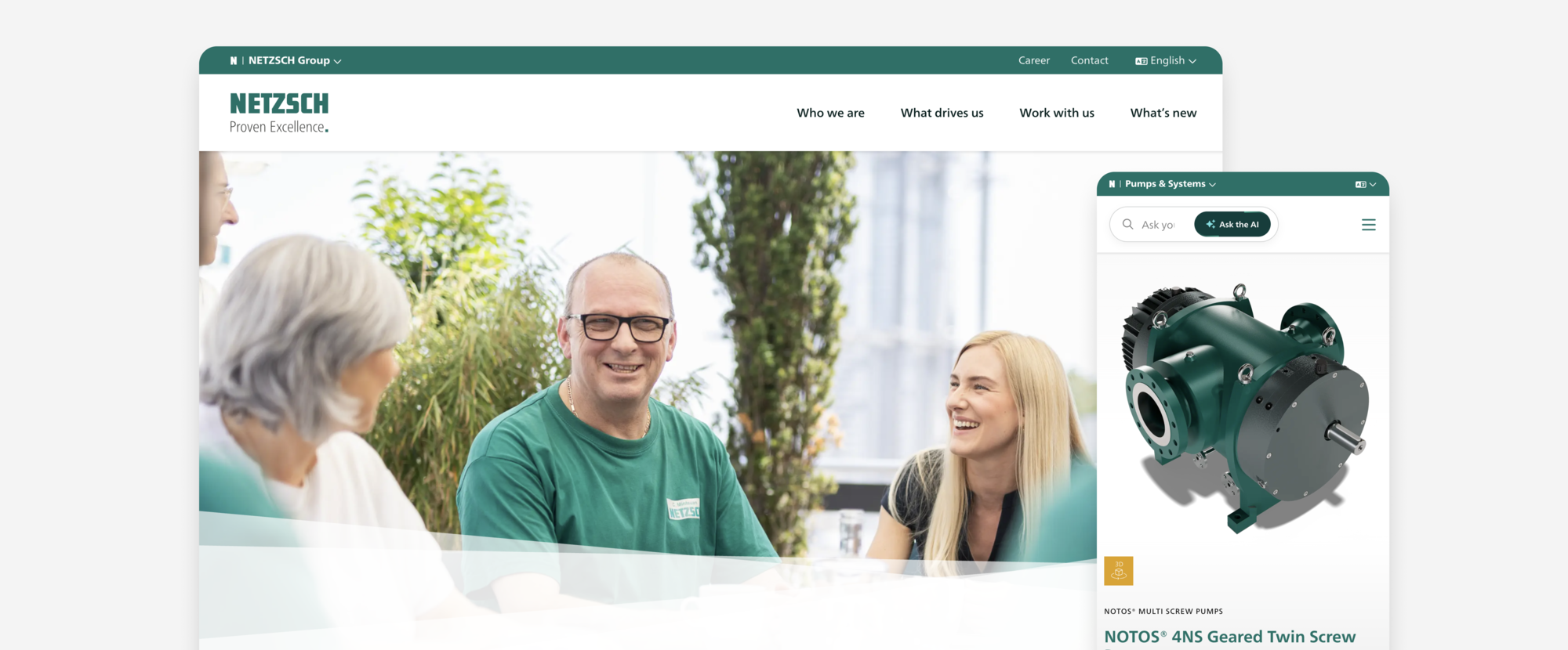 Drei Personen im Gespräch, lächelnd vor einem Fenster mit Pflanzen, Website zeigt NOTOS® 4NS Getriebeschneckenpumpe.