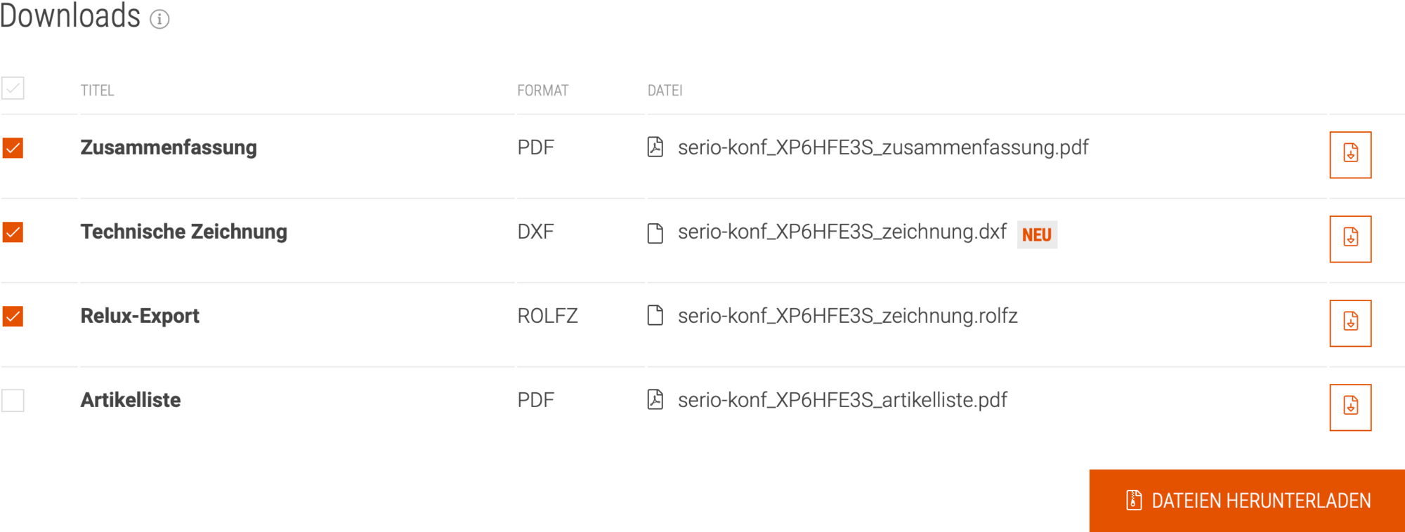 Downloadbereich mit PDF- und DXF-Dateien für Zusammenfassung, technische Zeichnung, Relux-Export und Artikelliste, medienreaktor