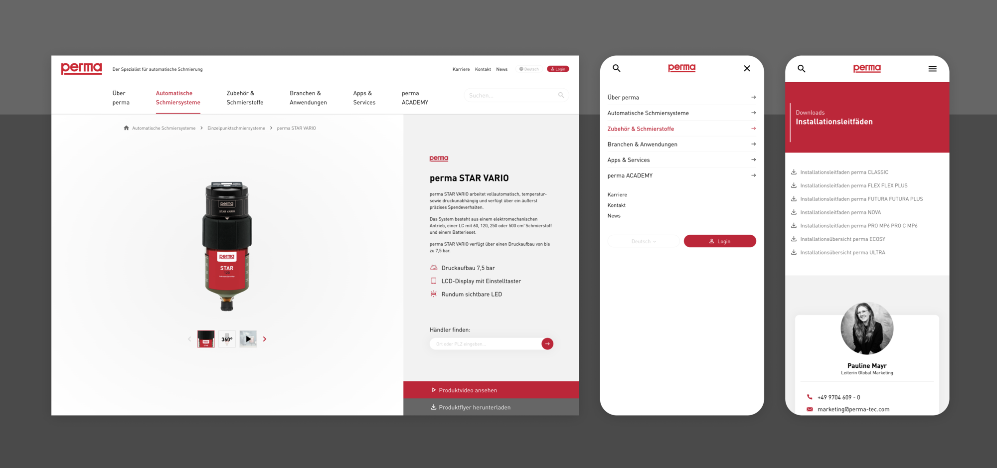 perma STAR VARIO automatische Schmierung mit Bedienungsanleitung, Produktdetails und mobilem Menü auf Webseite dargestellt