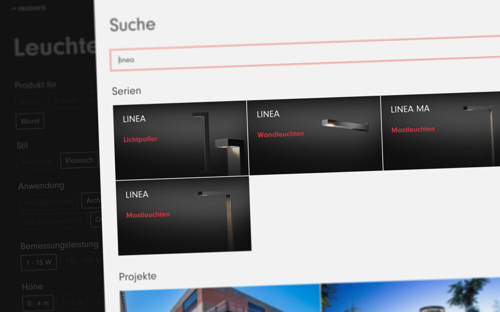 Sucheingabe "linea" mit Produktserien wie Linea Lichtpoller, Wandleuchten und Mastleuchten auf dunklem Hintergrund.