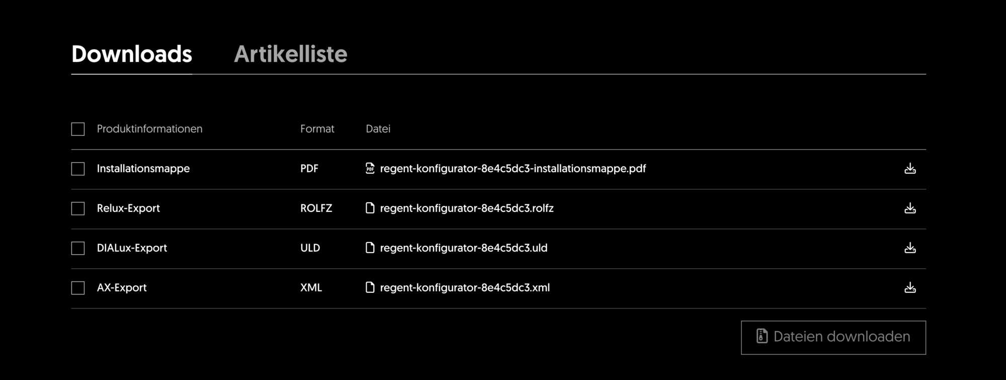 Downloadbereich mit verschiedenen Exportformaten (PDF, ROLF, ULD, XML) für Artikeldaten und Installationsmappe.