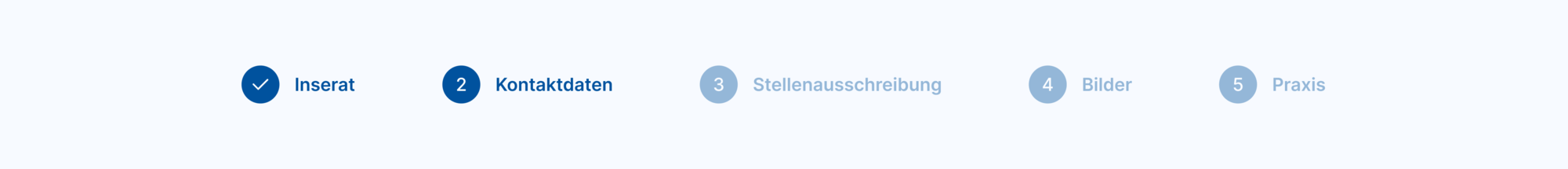 Fortschrittsanzeige mit blau hervorgehobenen Schritten „Inserat“ und „Kontaktdaten“ in einem mehrstufigen Bewerbungsprozess