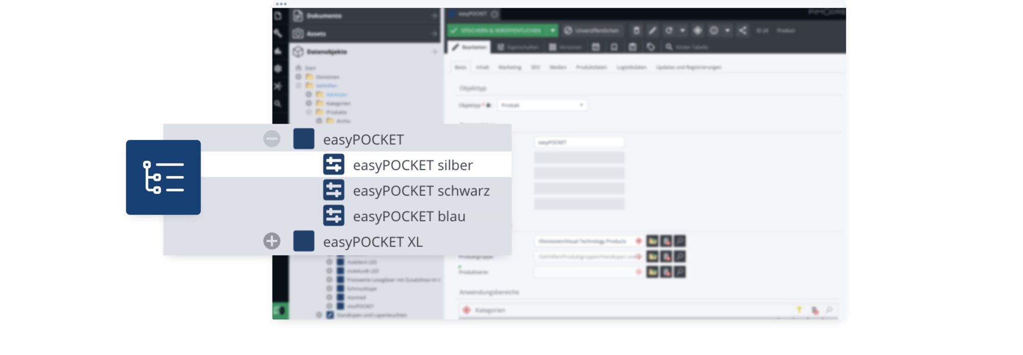 Benutzeroberfläche von easyPOCKET Software mit Auswahlmenü für Designs in Silber, Schwarz und Blau zur Dateiverwaltung.
