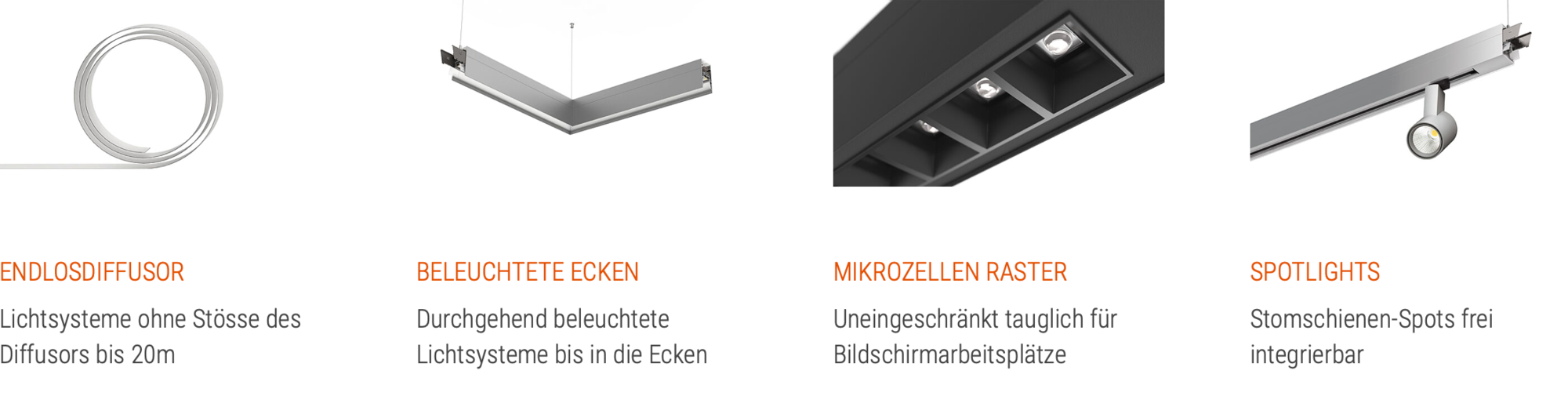 Vier verschiedene Lichtsysteme mit Diffusor, beleuchteten Ecken, Mikrozeilen Raster und integrierbaren Spotlights für Industriebeleuchtung.