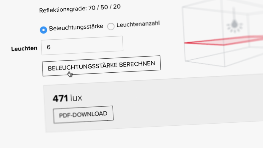 Benutzeroberfläche zur Berechnung der Beleuchtungsstärke mit Einstellungen für Leuchtenanzahl und Reflexionsgrade, Ergebnis 471 lux.