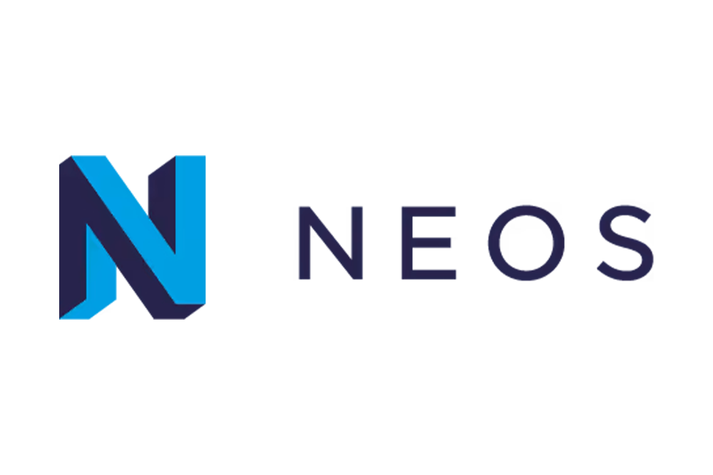 Blaues und dunkelblaues NEOS Logo mit stilisiertem N, modernes Design für Technologie- und Softwareunternehmen.